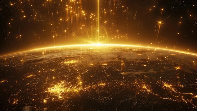 Golden sunrise over Earth, energy beams, night lights, global connection, futuristic concept - Powered by Adobe