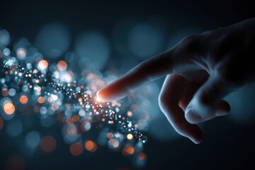 Hand touching a digital stream of light