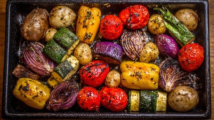 Colorful Roasted Vegetables on Baking Tray Ready to Serve for Dinner Party