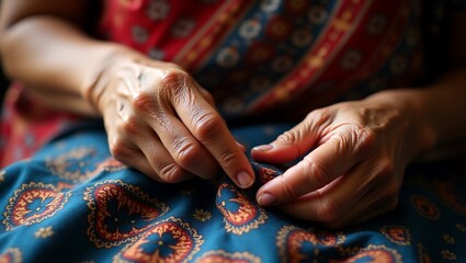 Elderly Hands with Traditional Fabric, and Closeup.