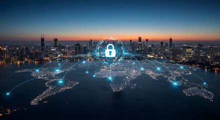 Global Cybersecurity Network with City Skyline and Padlock Icon