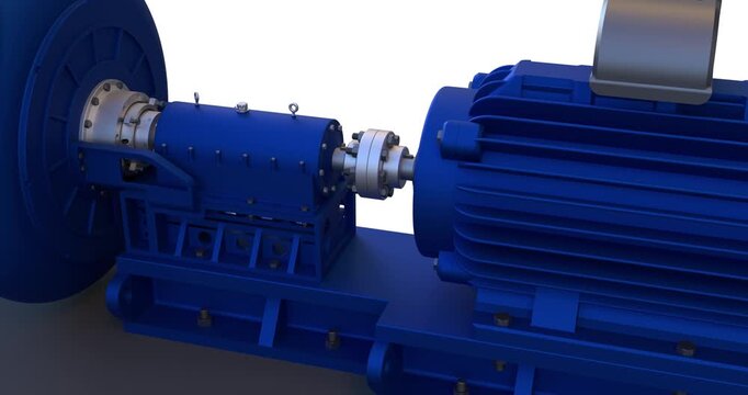 Close up of motor and pump assembly used in power transmission, pump alignment, and rotating equipment commonly found in factories, plants, and engineering facilities. 
