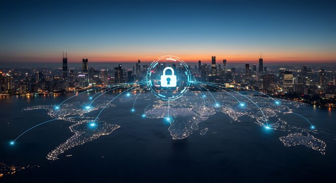 Global Cybersecurity Network with City Skyline and Padlock Icon