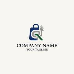 Modern logo design featuring a shopping bag and upward arrows, symbolizing growth and commerce.