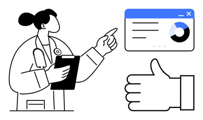 Female doctor with stethoscope and clipboard pointing to a data dashboard beside a thumbs-up symbol. Ideal for healthcare, analytics, data visualization, medical services, approval, teamwork, simple