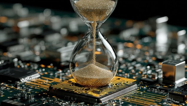 Hourglass over circuit board - Powered by Adobe