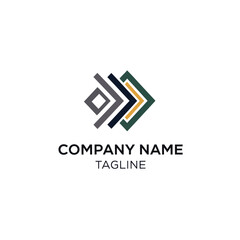Modern logo design with overlapping geometric shapes and arrows.