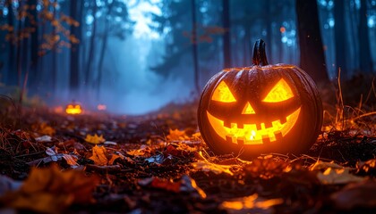 Halloween Pumpkin In A Mystic Forest At Night