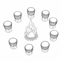 Coloring Page Of A circle of tribal drums placed around a campfire at night