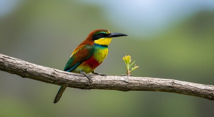 Fototapeta premium Colorful exotic bird sitting on a tree limb, detailed feathers visible
