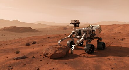 Robot rover navigating Mars terrain, capturing rocky landscape