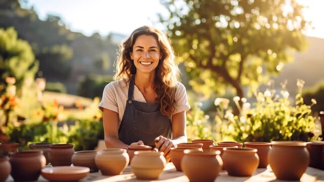 Happy Potter in Workshop Craftswoman Smiling at Sunlit Pottery Studio in Nature.