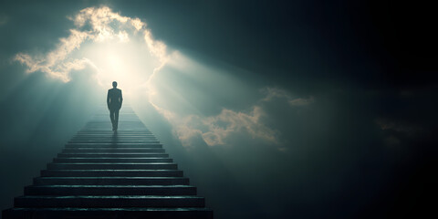 Path to the Divine: A solitary figure ascends a staircase towards a luminous opening in the clouds, symbolizing a journey of self-discovery and spiritual enlightenment, illuminated by ethereal rays.