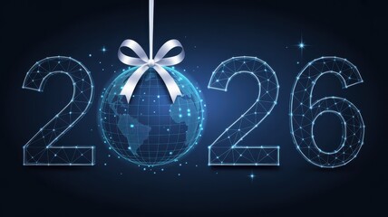 Illustration of the year 2026 with a globe ornament and a blue polygonal design on a dark background