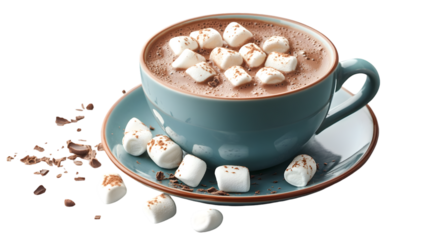 A blue mug of hot chocolate topped with marshmallows and chocolate shavings on a matching saucer
