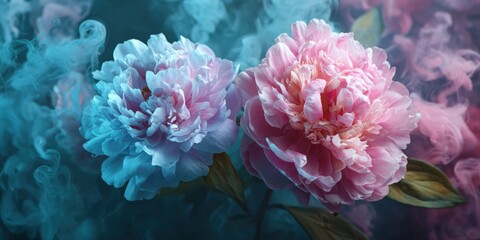 Obraz premium Two vibrant peonies in a smoky backdrop