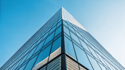 Modern glass skyscraper soaring towards a clear blue sky, reflecting architectural excellence and urban ambition