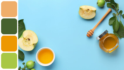 Jar and bowl of honey with apples for Rosh Hashanah celebration (Jewish New Year) on blue background