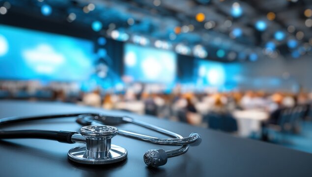 Stethoscope on table at medical conference