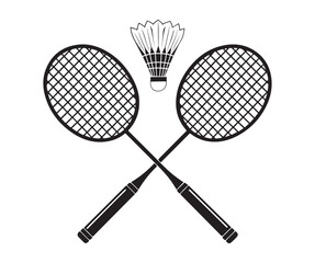 Black and White Vector of Crossed Badminton Rackets with Shuttlecock
