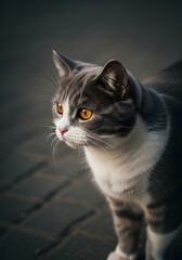 Fototapeta premium Gray and White Cat with Striking Yellow Eyes on Stone Background