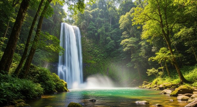 Lush jungle waterfall cascades into vibrant turquoise pool surrounded by dense green foliage and sunlight