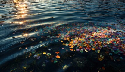 Colorful petals on rippled water at sunset