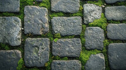 Close-up view of a cobblestone path with vibrant green moss growing between the stones.
