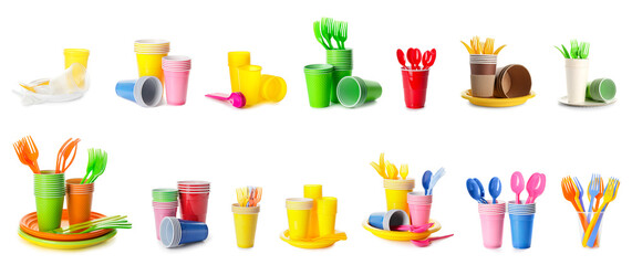 Set of disposable plastic tableware on white background
