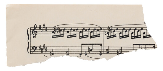 Tear strip from music sheet, old vintage yellowed paper with notes isolated for scrapbooking