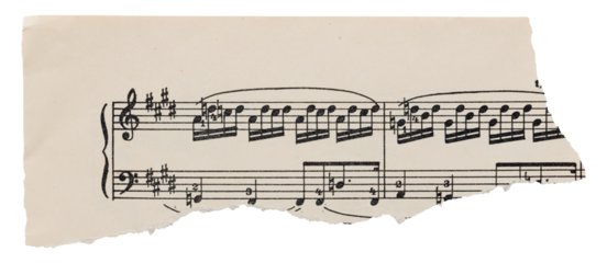 Tear strip from music sheet, old vintage yellowed paper with notes isolated for scrapbooking