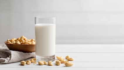 Cashew milk and nuts on a table