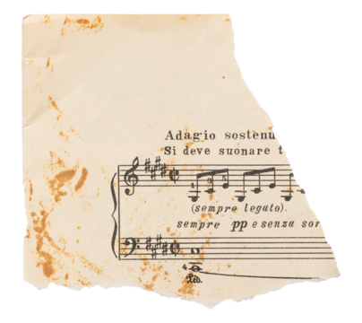 Tear corner of music sheet, old vintage faded dirty stained paper with notes isolated for collage