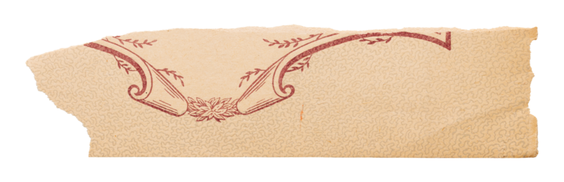 Tear strip of yellowed vintage book cover, old paper with red floral pattern isolated for collage