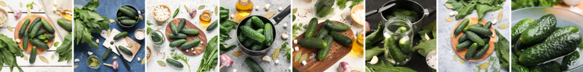 Collage of many fresh cucumbers prepared for preservation