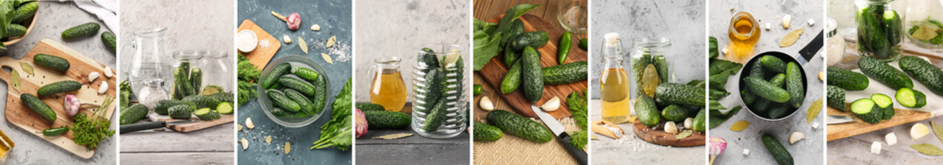 Collage of many fresh cucumbers prepared for preservation