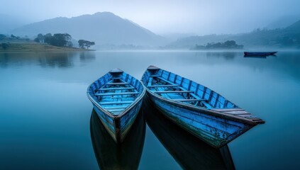 Two serene blue boats on a calm lake at dawn