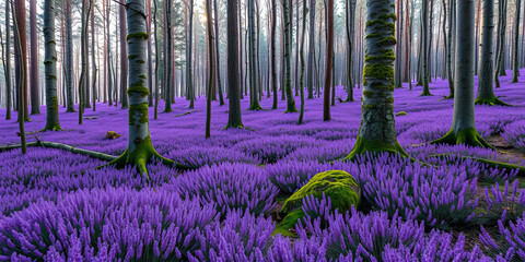 Enchanting woodland landscape with tall trees and a vibrant carpet of purple wildflowers covering the forest floor, natural seasonal scenery creating peaceful and colorful spring nature background  
