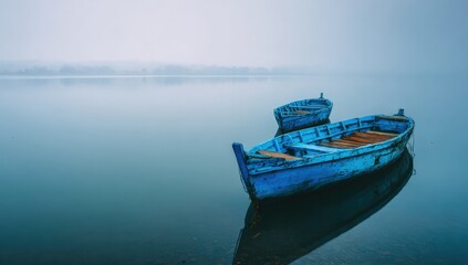 Naklejka premium Two blue boats on a calm lake, fog in the background
