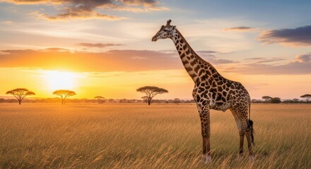 Fototapeta premium Majestic giraffe stands tall in golden savanna sunset, a breathtaking African wildlife spectacle