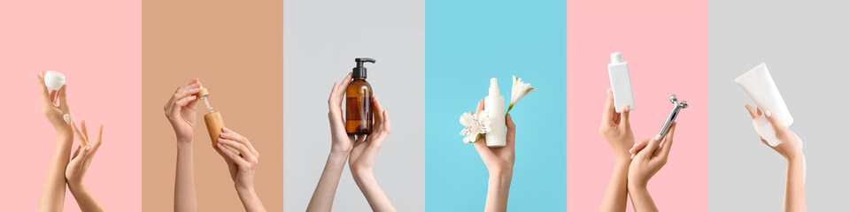 Set of hands with skin care cosmetic products on color background