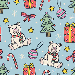 Cute Christmas Seamless Pattern Christmas Teddy Bear Background Winter