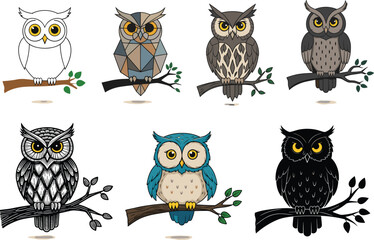 Seven artistic owl illustrations perched on branches, diverse styles and colors, vector art set for wildlife, nature, decorative design, education, and creative projects