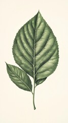 Green Leaf Shows Detailed Veins and Stem, Botanical Illustration Theme.