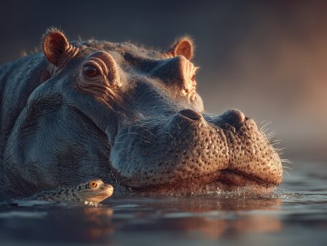 Hippo and frog share a calm moment in the water during sunset in Africa's wild environment