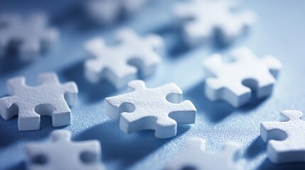 Puzzle pieces scattered on pale blue surface, conceptual & out of focus