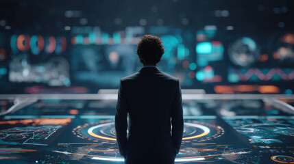 Person stands in front of futuristic digital interface, surrounded by glowing screens displaying data and analytics. atmosphere conveys sense of innovation and technology