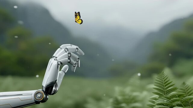 Living together in AI digital world, Robot hand gently holding a butterfly in a natural outdoor setting