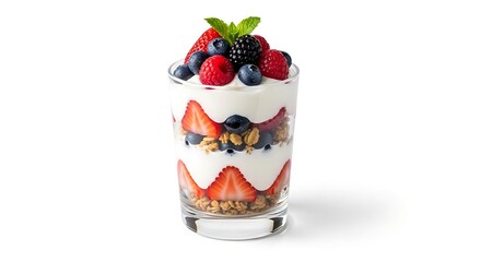 Delicious Berry Yogurt Parfait with Granola and Fresh Mint Isolated on White Background