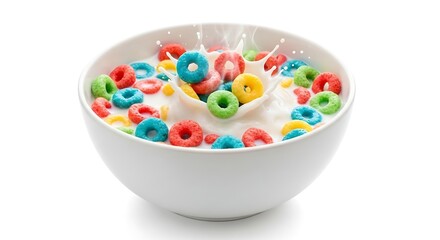 Brightly Colored Cereal Rings Splashing into Milk in a White Bowl Isolated
